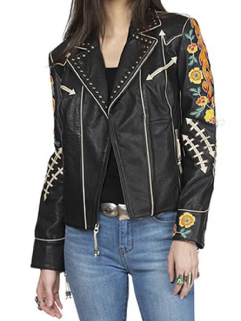 Double D Ranch Bakersfield Leather Moto Jacket with Floral Embroidery RTL $1295